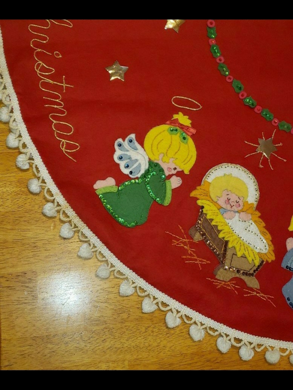 Vintage Bucilla 'Jeweled' Felt Christmas Tree Skirt With Pom-Pom Fringe